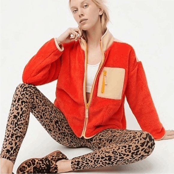 J. Crew Red Superplush Sherpa Full Zip-Up Fleece Jacket Women's Size XL - Picture 1 of 8